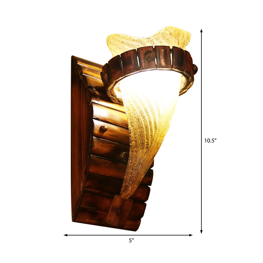 One Bulb Wall Light with Flower Shade Yellow Textured Glass Rustic Indoor Sconce Lighting Fixture in Bronze