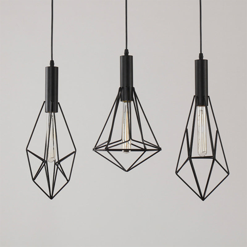 Iron Diamond Shaped Pendant Light Antique 1-Light Dining Room Hanging Light Fixture in Black