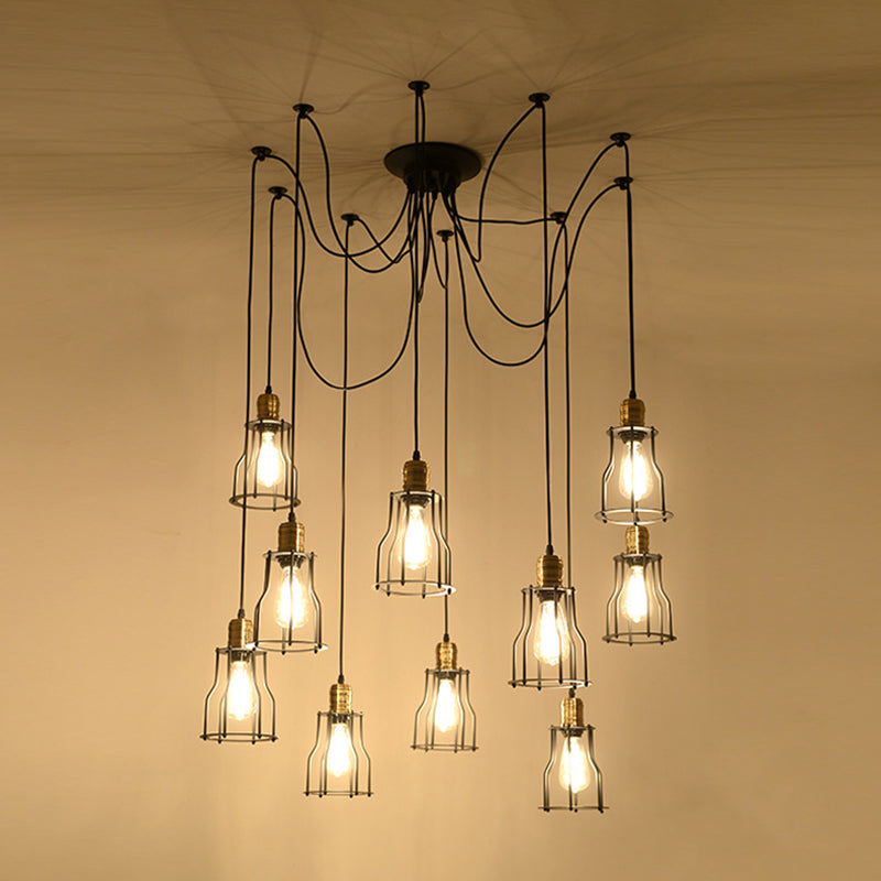 Caged Iron Ceiling Pendant Industrial 10 Bulbs Restaurant Multi Light Chandelier in Black