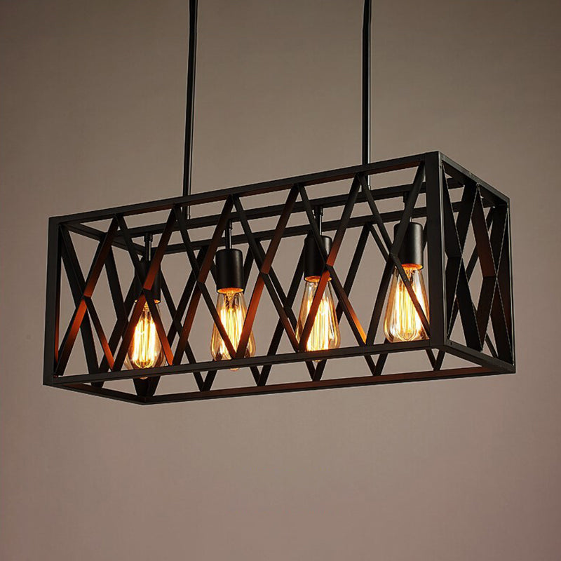 Rectangle Frame Iron Pendant Light Industrial Restaurant Hanging Island Light in Black