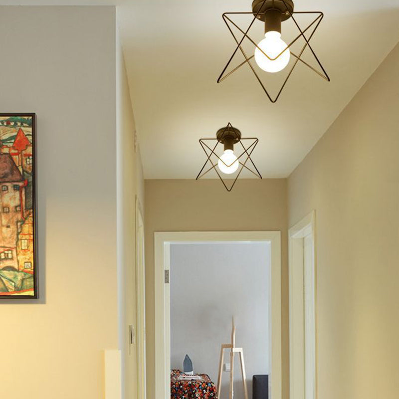 Iron Geometrical Cage Flush Mount Lighting Nordic Style 5 Heads Corridor Flush Mount Fixture in Black