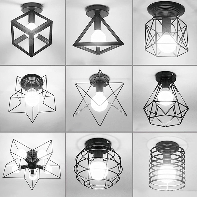 Iron Geometrical Cage Flush Mount Lighting Nordic Style 5 Heads Corridor Flush Mount Fixture in Black