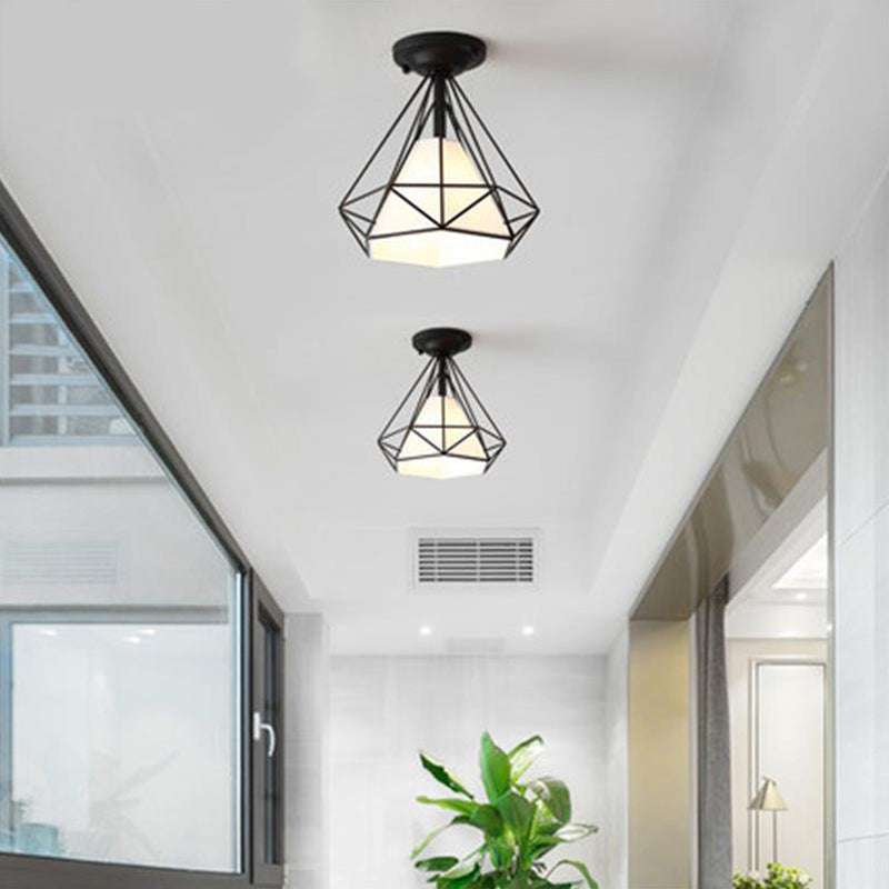 Single Flush Ceiling Light Vintage Diamond Shaped Metal Flush Mount Lighting Fixture with Cone Fabric Shade