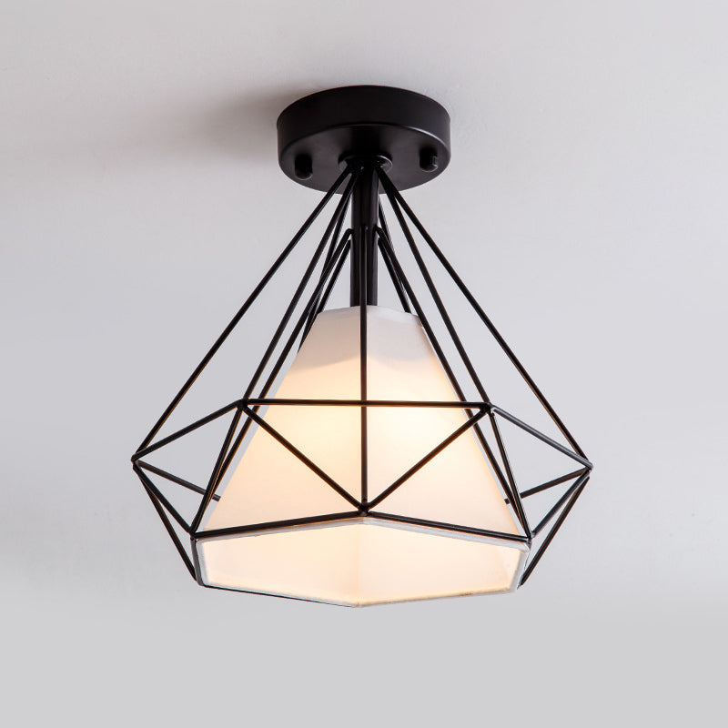 Single Flush Ceiling Light Vintage Diamond Shaped Metal Flush Mount Lighting Fixture with Cone Fabric Shade