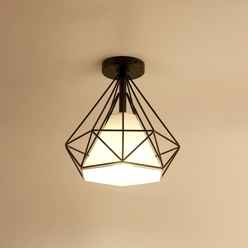 Single Flush Ceiling Light Vintage Diamond Shaped Metal Flush Mount Lighting Fixture with Cone Fabric Shade