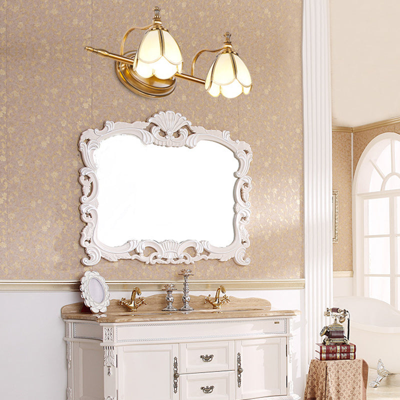 Vintage Scalloped Sconce Lighting Opal Glass Vanity Light Fixture in Brass for Bathroom