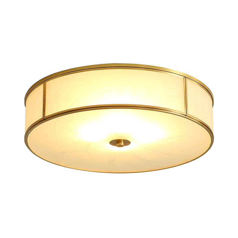 Plafonnier encastré traditionnel en verre opale en forme de cylindre pour chambre à coucher, doré