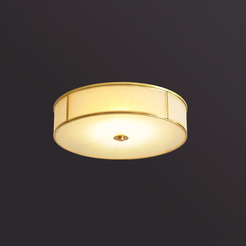 Plafonnier encastré traditionnel en verre opale en forme de cylindre pour chambre à coucher, doré