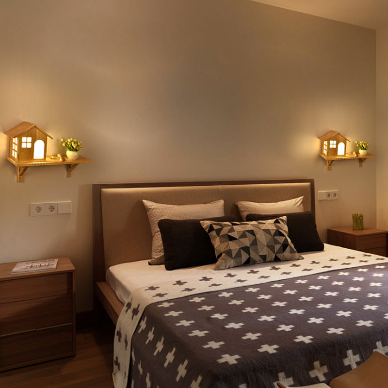 Lovely Little House Wall Light with Shelf Wood LED Wall Lamp in Beige for Living Room