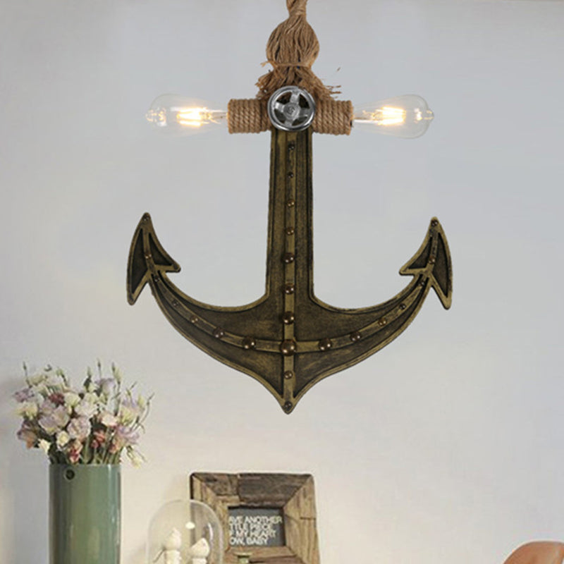 2-Light Exposed Bulb Chandelier Coastal Antique Bronze/Silver Gray Rope Pendant Light Fixture for Dining Room