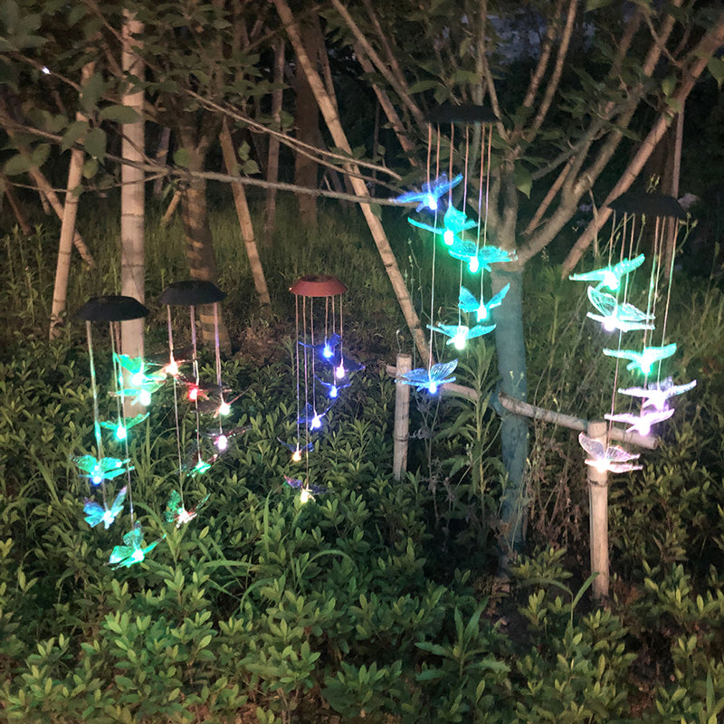 Butterfly LED Pendant Light Artistic Plastic 6 Bulbs Courtyard Solar Wind Chime Lighting