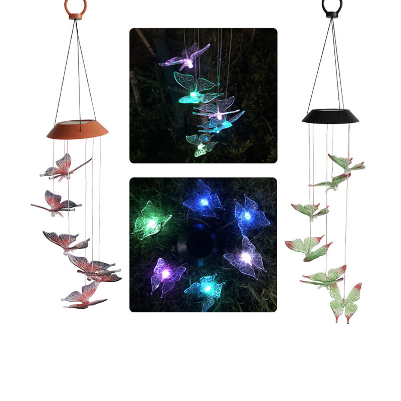 Butterfly LED Pendant Light Artistic Plastic 6 Bulbs Courtyard Solar Wind Chime Lighting