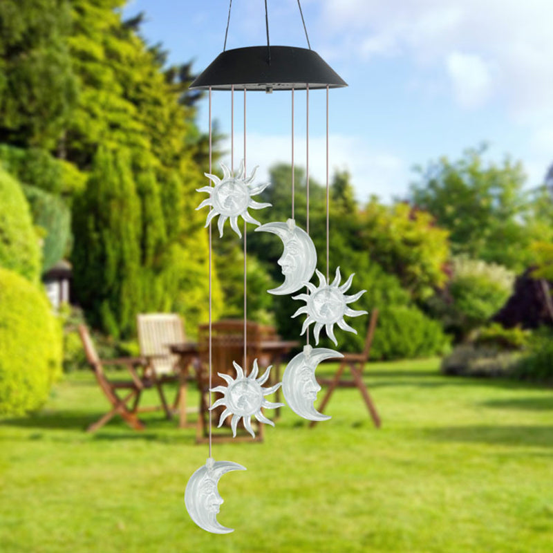 Black Sun and Moon Wind Chime Light Plastic Solar LED Pendant Lighting for Backyard
