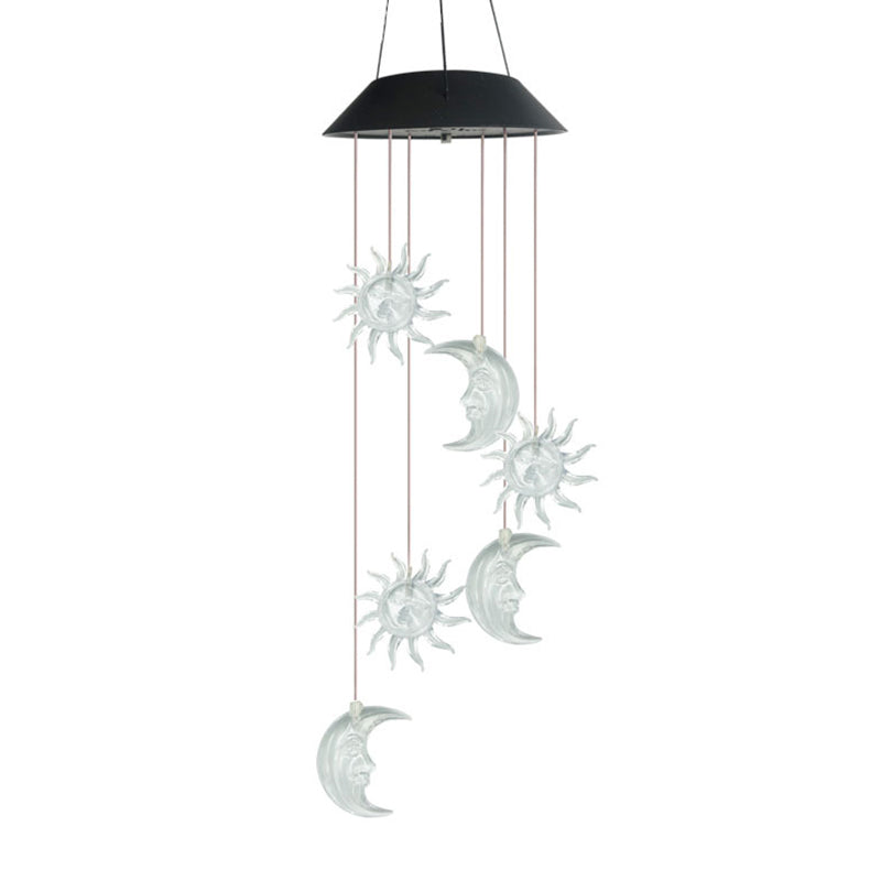 Black Sun and Moon Wind Chime Light Plastic Solar LED Pendant Lighting for Backyard