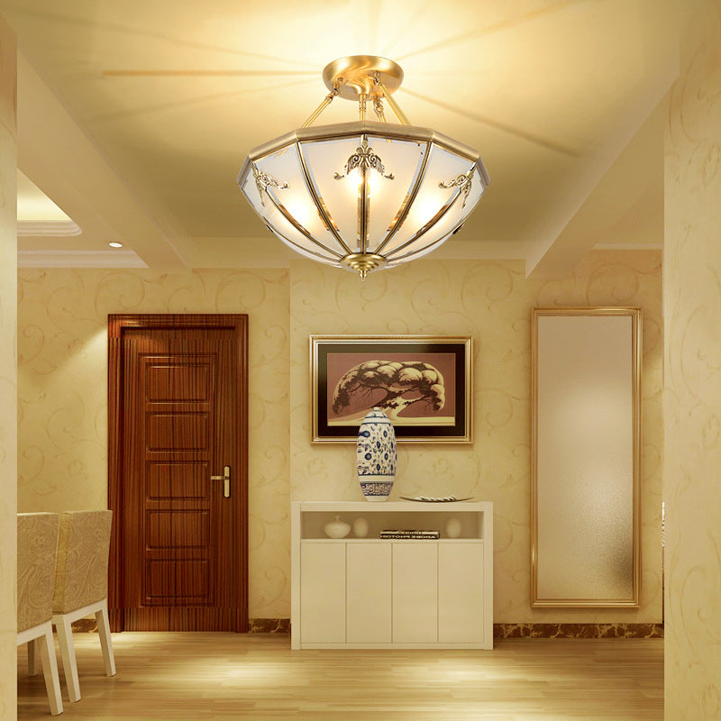 Opal Glass Dome Shaped Flush Mount Lighting Classic Bedroom Semi Flush Chandelier in Gold