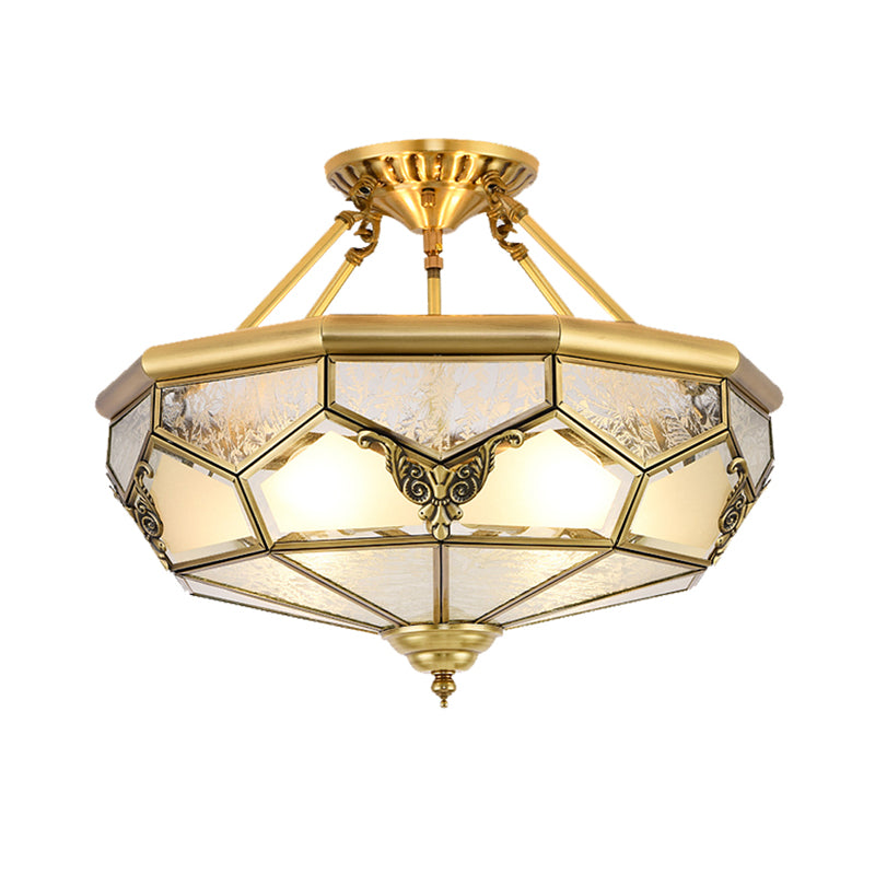 Bowl Shaped Frost Glass Flush Mount Lighting Classic Bedroom Semi Flush Chandelier in Gold