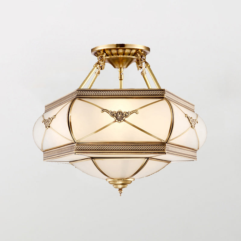 Bowl Shaped Frost Glass Flush Mount Lighting Classic Bedroom Semi Flush Chandelier in Gold