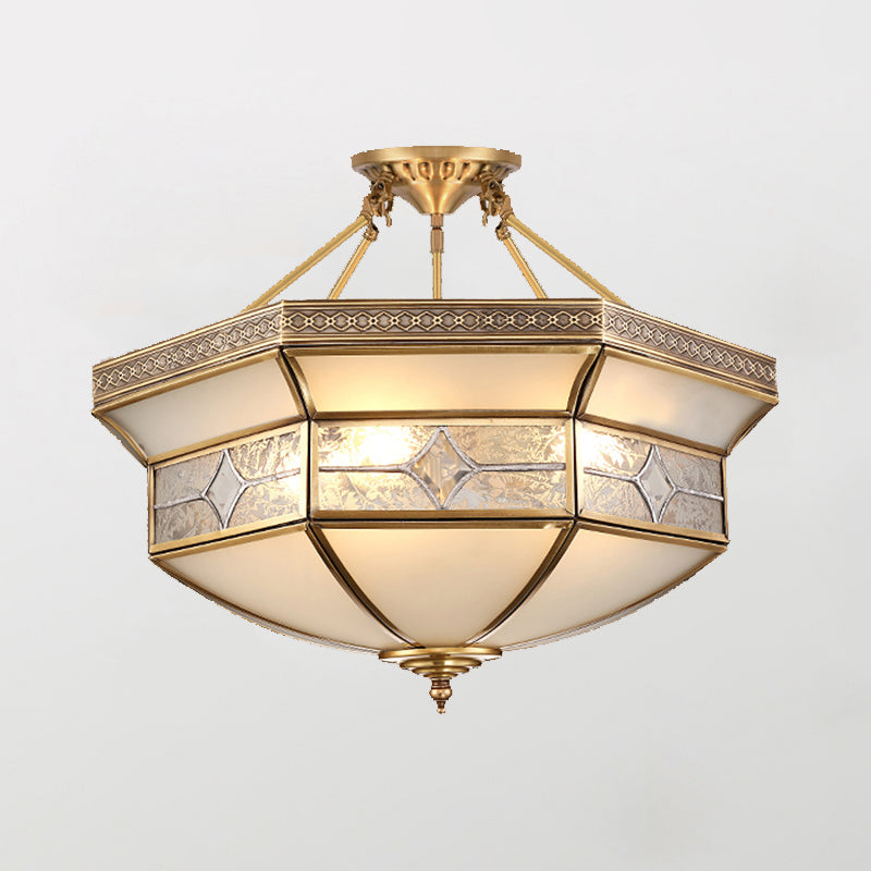 Bowl Shaped Frost Glass Flush Mount Lighting Classic Bedroom Semi Flush Chandelier in Gold
