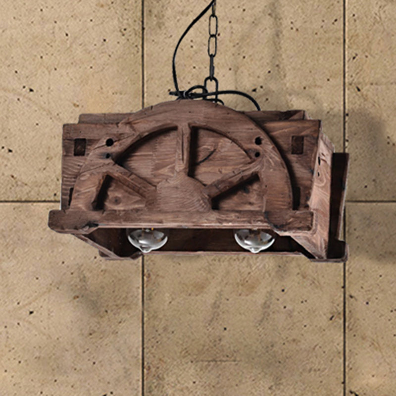 Pendard brun en verre transparent rectangle de lustre de style loft de style loft à 2 légers avec bois avec bois
