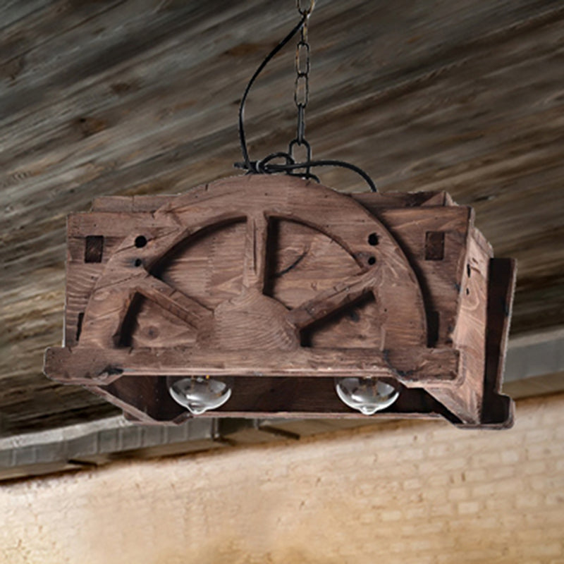 Pendard brun en verre transparent rectangle de lustre de style loft de style loft à 2 légers avec bois avec bois