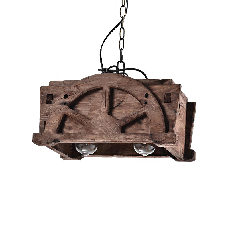Pendard brun en verre transparent rectangle de lustre de style loft de style loft à 2 légers avec bois avec bois