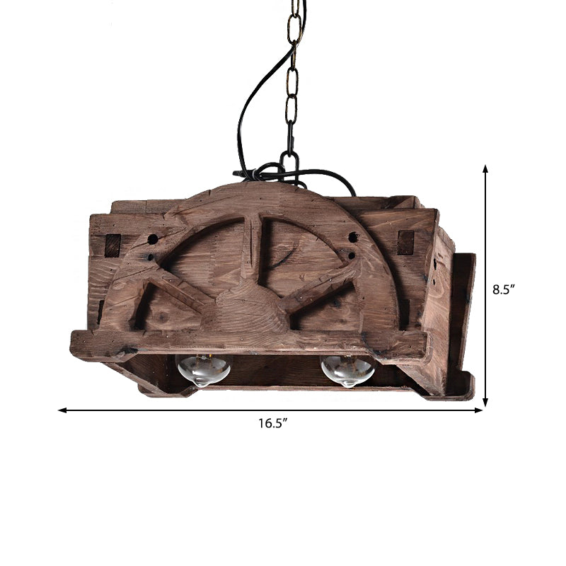 Clear Glass Brown Pendant Lamp Rectangle 2-Light Loft Style Chandelier Light Fixture with Wood