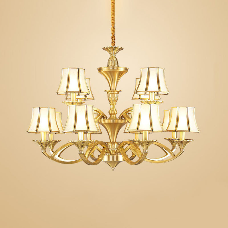 Taper Shaped Patterned Glass Chandelier Lighting Classic Living Room Pendant Light in Gold