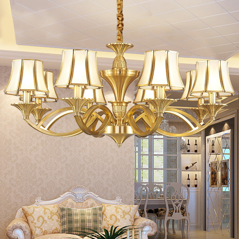 Taper Shaped Patterned Glass Chandelier Lighting Classic Living Room Pendant Light in Gold