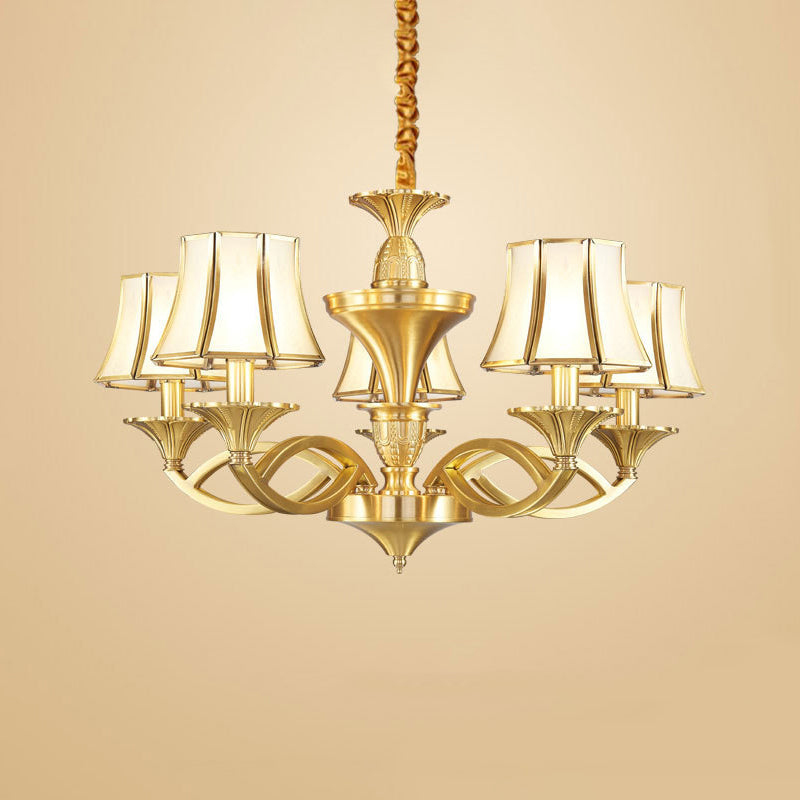 Taper Shaped Patterned Glass Chandelier Lighting Classic Living Room Pendant Light in Gold