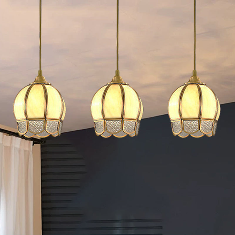 3 Heads Dome Shaped Multi Ceiling Lamp Simplicity Gold Ripple Glass Suspension Light Fixture