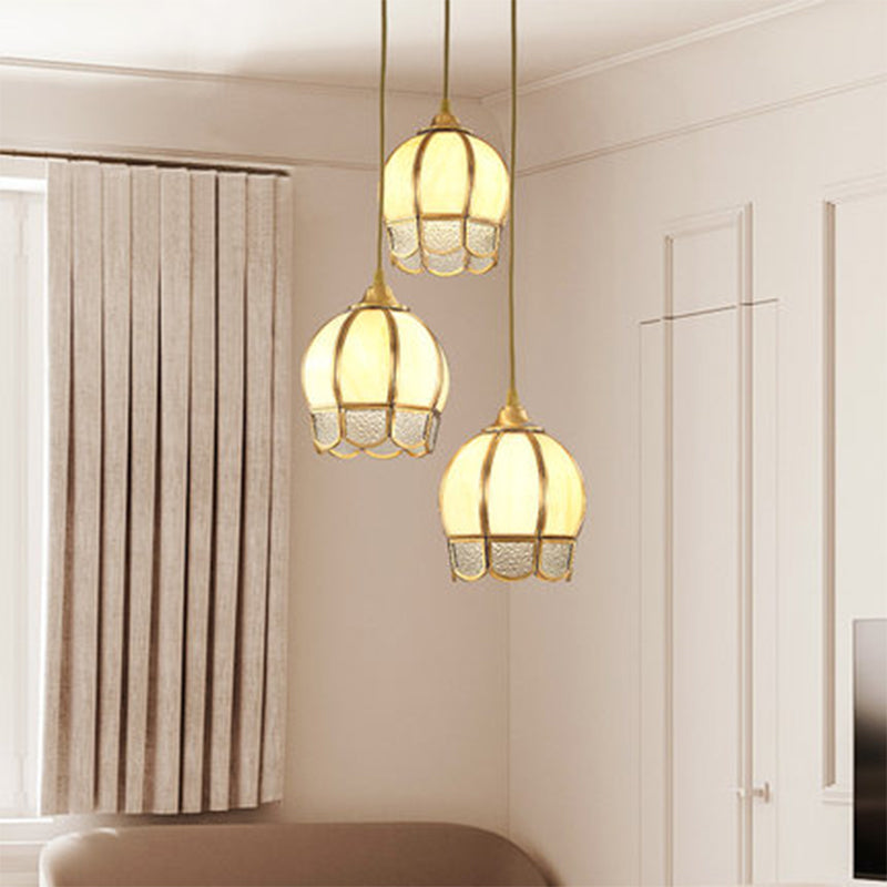 3 Heads Dome Shaped Multi Ceiling Lamp Simplicity Gold Ripple Glass Suspension Light Fixture