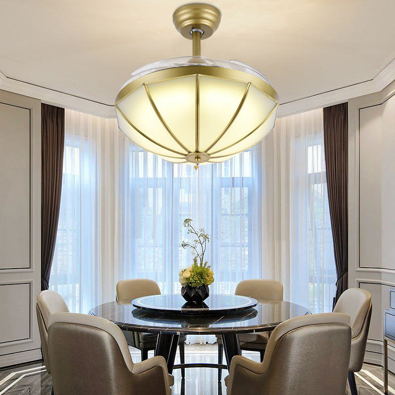 4 Blades Classic Geometric Shaped Ceiling Fan Light Frost Glass 42" Wide LED Semi Mount Lighting in Brass