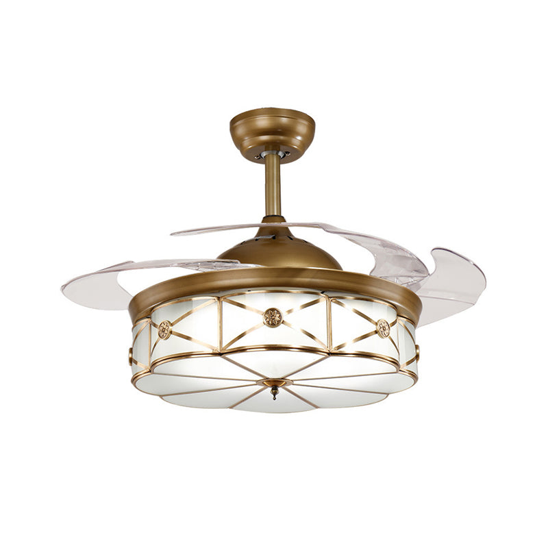 4 Blades Classic Geometric Shaped Ceiling Fan Light Frost Glass 42" Wide LED Semi Mount Lighting in Brass