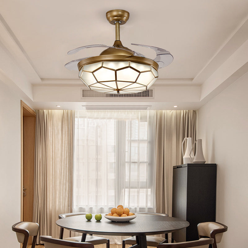 4 Blades Classic Geometric Shaped Ceiling Fan Light Frost Glass 42" Wide LED Semi Mount Lighting in Brass