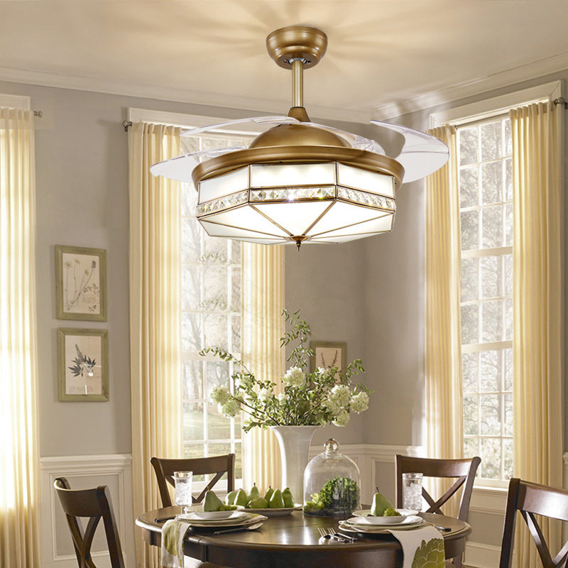 4 Blades Classic Geometric Shaped Ceiling Fan Light Frost Glass 42" Wide LED Semi Mount Lighting in Brass