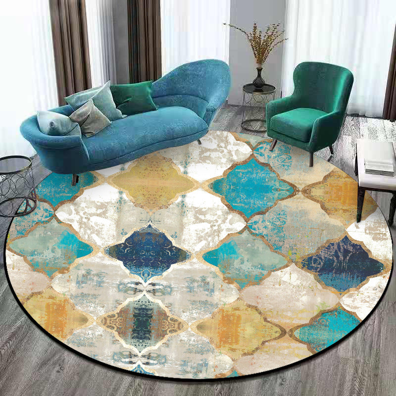 Distressed Blue-Yellow Moroccan Rug Polypropylene Quatrefoil Patterned Carpet Non-Slip Backing Pet Friendly Stain Resistant Rug for Room