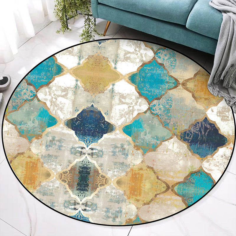 Distressed Blue-Yellow Moroccan Rug Polypropylene Quatrefoil Patterned Carpet Non-Slip Backing Pet Friendly Stain Resistant Rug for Room