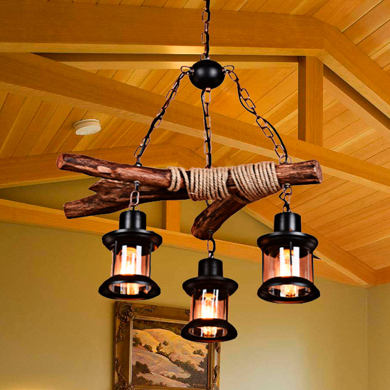 3 lumières Plafonnier Light Style Coastal Lantern Verre transparent en verre suspendu en noir avec chaîne et bois