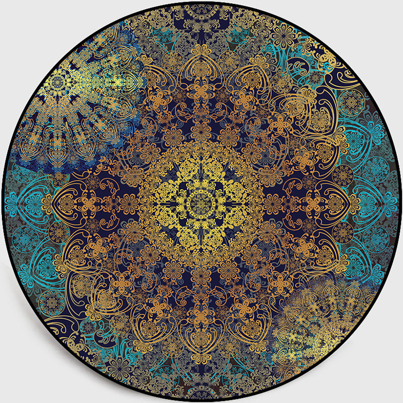 Antiqued Floral Patterned Rug Distressed Blue-Yellow Moroccan Rug Polyester Washable Non-Slip Backing Stain Resistant Rug for Home