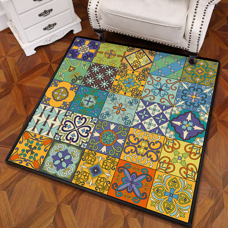 Multicolored Mandala Rug Polypropylene Turkish Rug Non-Slip Backing Stain Resistant Machine Washable Carpet for Bedroom