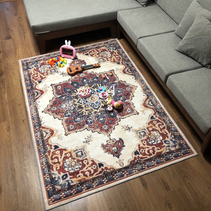 Retro Multicolor Moroccan Rug Synthetics Floral Patterned Rug Anti-Slip Washable Pet Friendly Carpet for Family Room