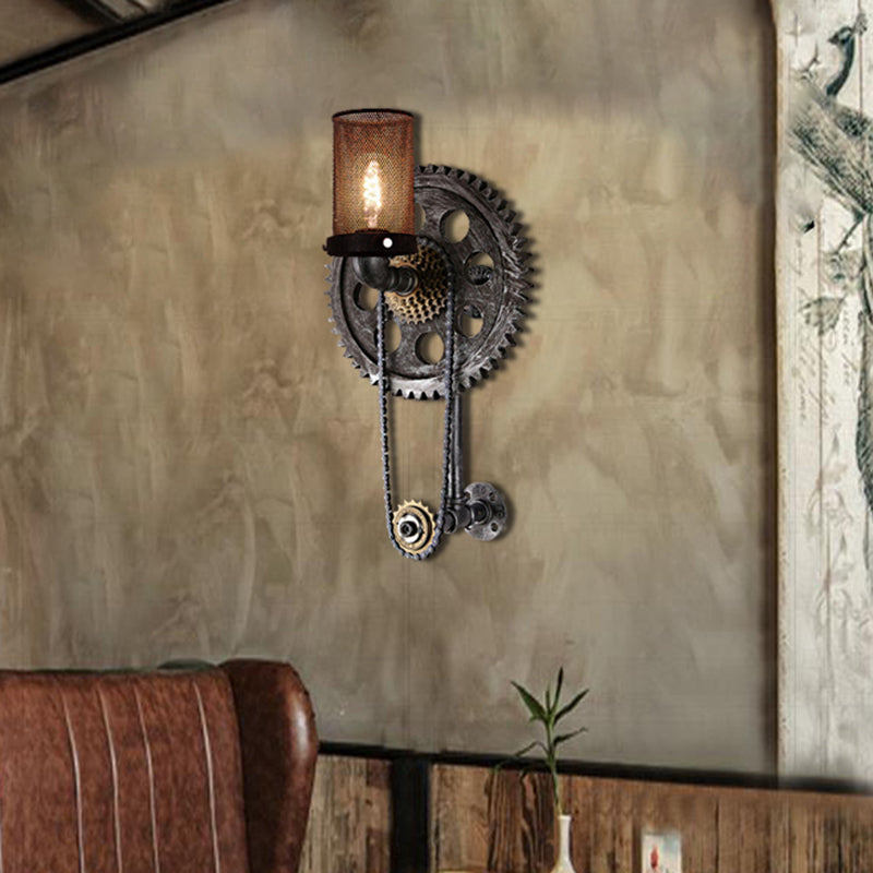 Cylinder Dining Room Wall Light Fixture Industrial Metal 1 Light Antique Silver Sconce Lamp with Gear