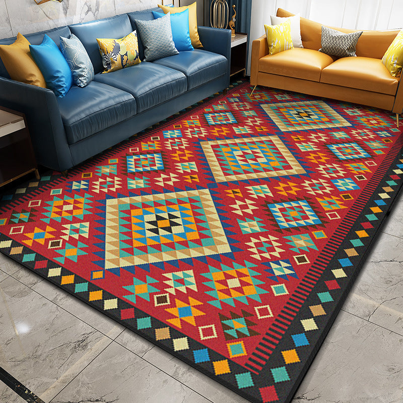 Multi Color Geometric Rug Synthetics Moroccan Carpet Stain Resistant Machine Washable Anti-Slip Rug for Living Room