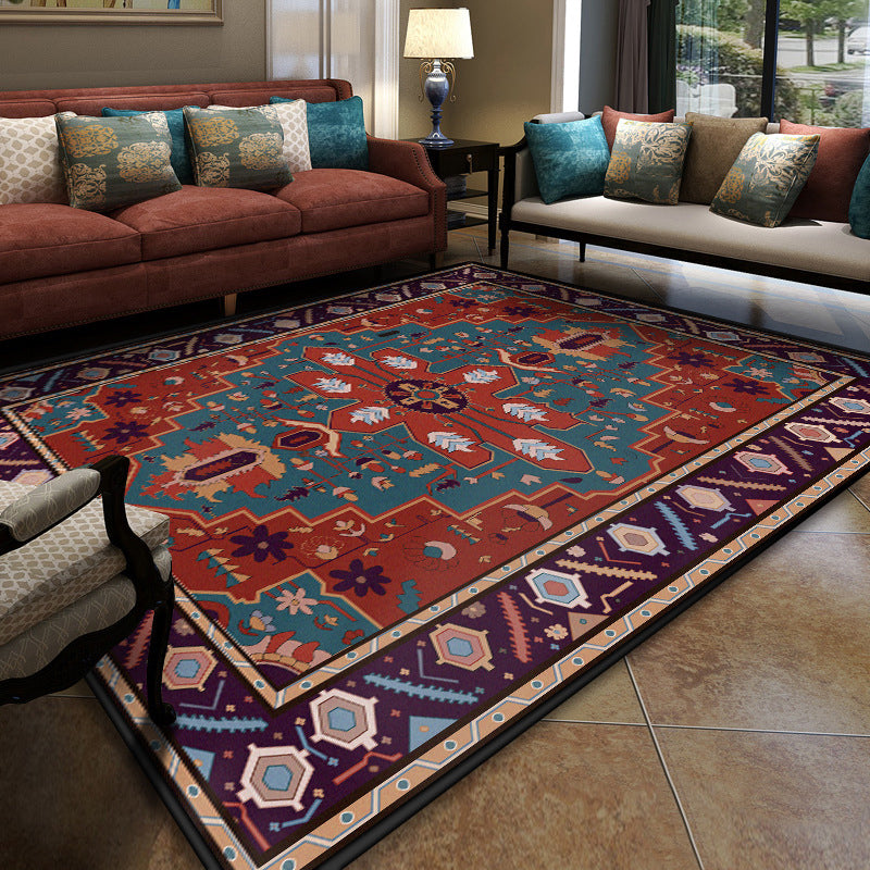 Turkish Meeting Room Area Rug Multicolor Symmetrical Tribal Pattern Rug Polypropylene Anti-Slip Stain Resistant Washable Carpet