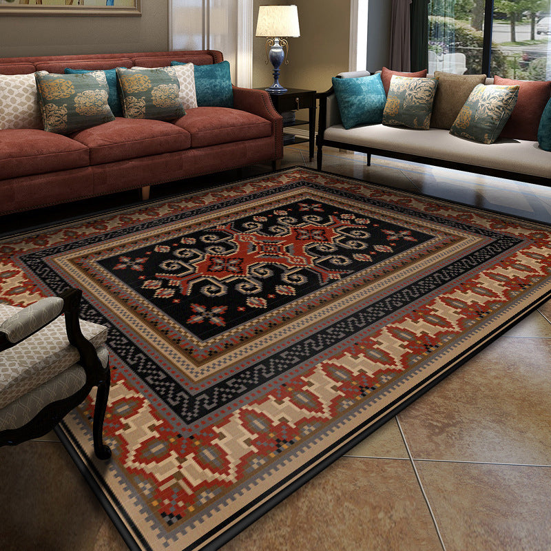 Turkish Meeting Room Area Rug Multicolor Symmetrical Tribal Pattern Rug Polypropylene Anti-Slip Stain Resistant Washable Carpet
