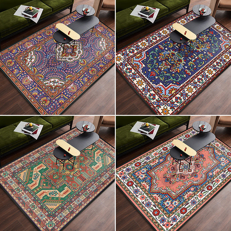 Persian Tribal Patterned Rug Multi-Color Polyester Carpet Stain Resistant Pet Friendly Anti-Slip Backing Rug for Bedroom