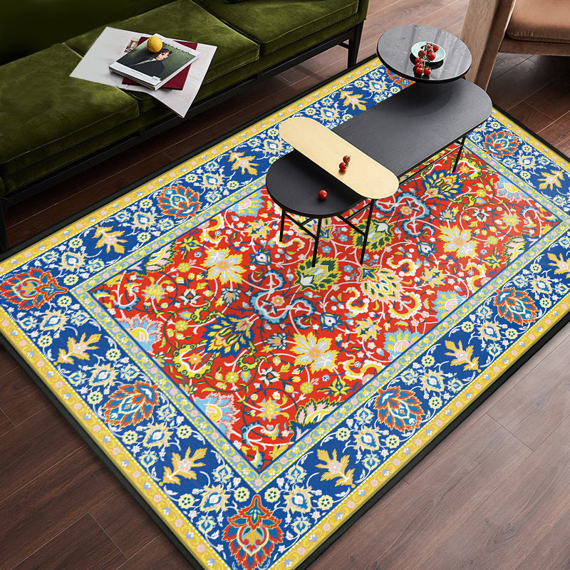 Persian Tribal Patterned Rug Multi-Color Polyester Carpet Stain Resistant Pet Friendly Anti-Slip Backing Rug for Bedroom