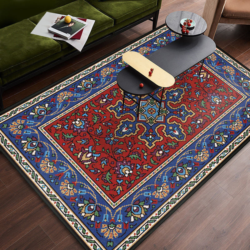 Persian Tribal Patterned Rug Multi-Color Polyester Carpet Stain Resistant Pet Friendly Anti-Slip Backing Rug for Bedroom
