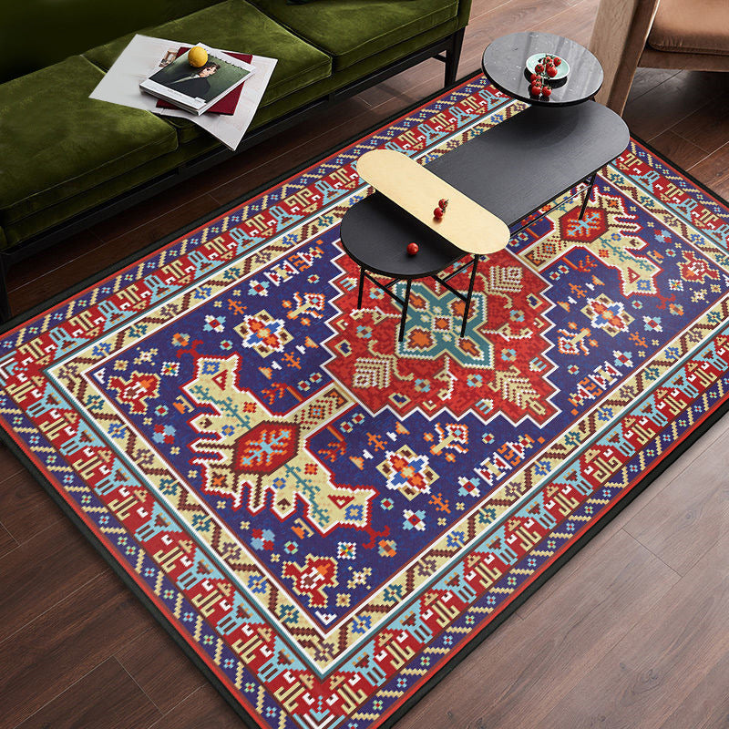 Persian Tribal Patterned Rug Multi-Color Polyester Carpet Stain Resistant Pet Friendly Anti-Slip Backing Rug for Bedroom