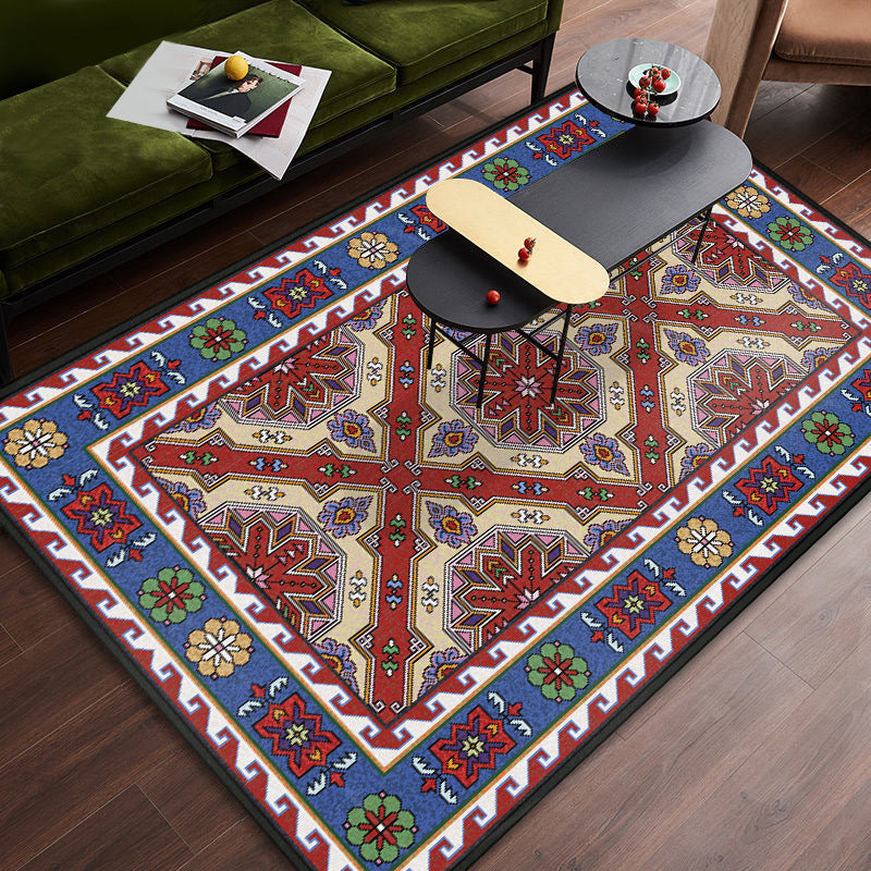 Persian Tribal Patterned Rug Multi-Color Polyester Carpet Stain Resistant Pet Friendly Anti-Slip Backing Rug for Bedroom